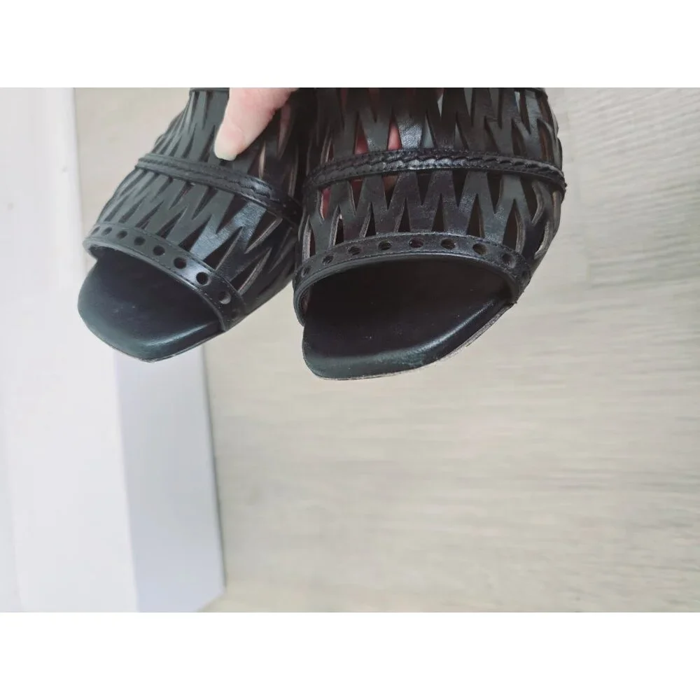Alaia Paris Cutout Leather Black Slip On Open Toe Kitten Heels Mules Shoes 37 7 - Picture 6 of 11